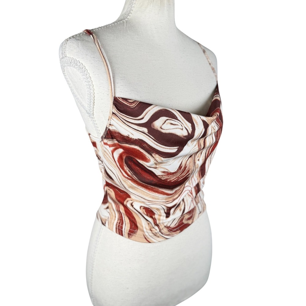 Y2K Crop Top Womens S Brown Marble Swirl Cowl Neck Ribbed Cami Adjustable Strap